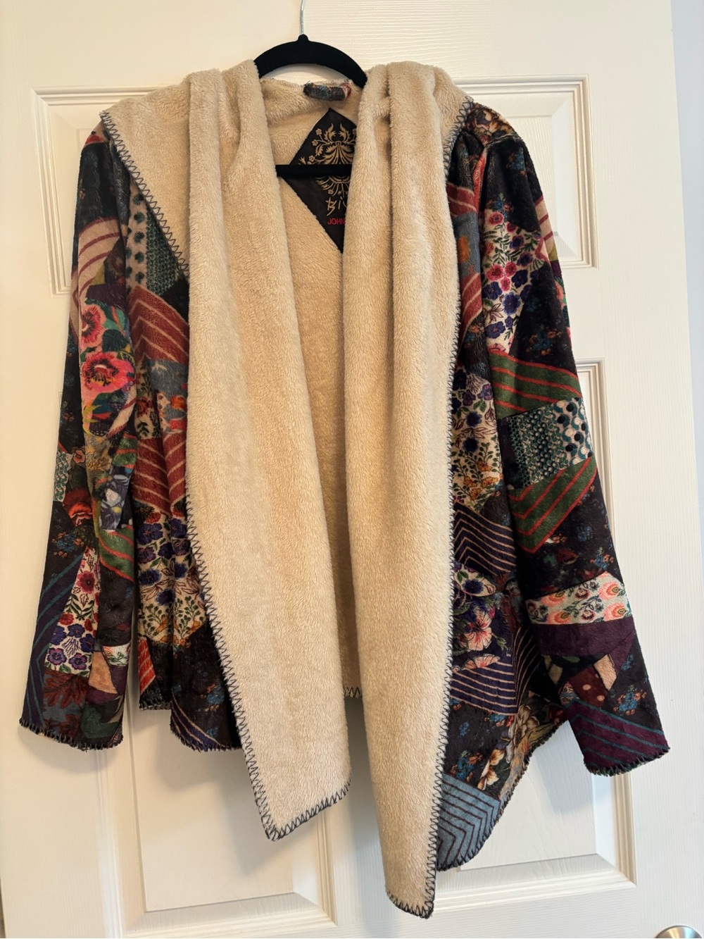 Johnny Was Cream Hooded Patchwork Floral Draped Cardigan